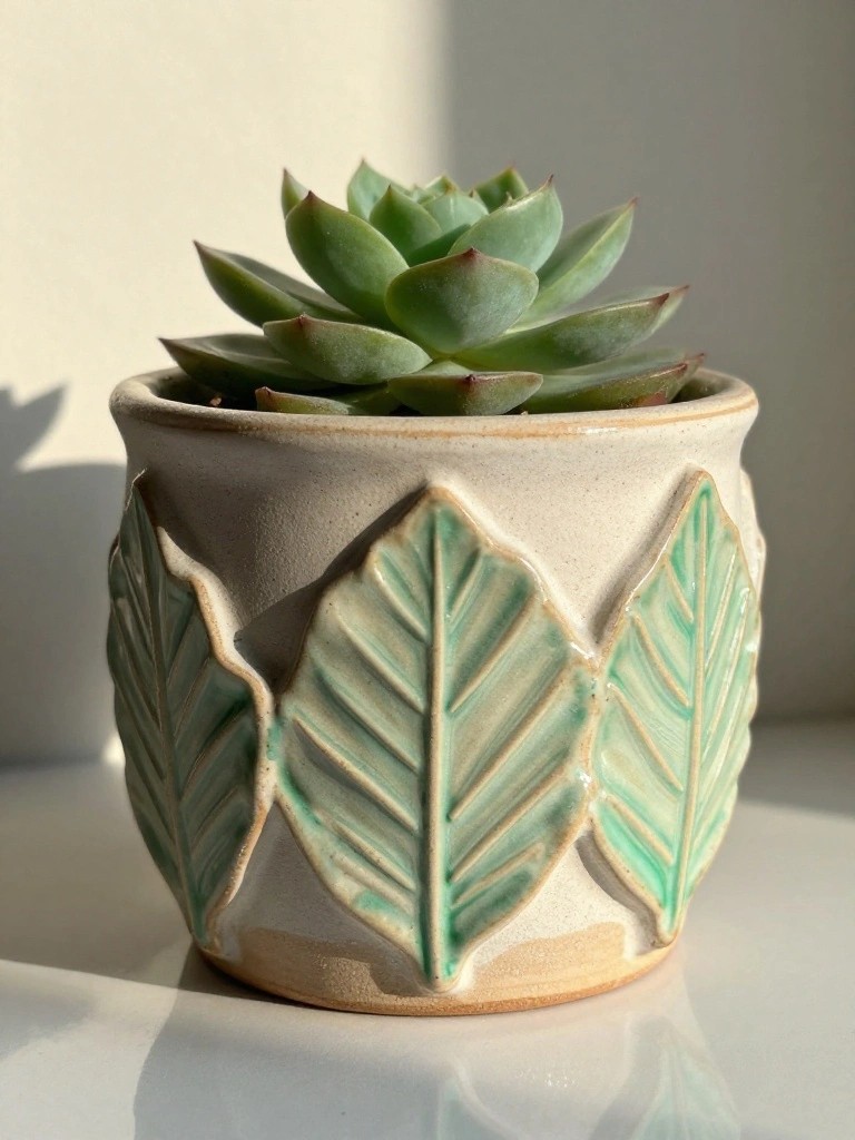 Small white ceramic planter with green-glazed leaf relief carvings around the sides, holding a green succulent plant.