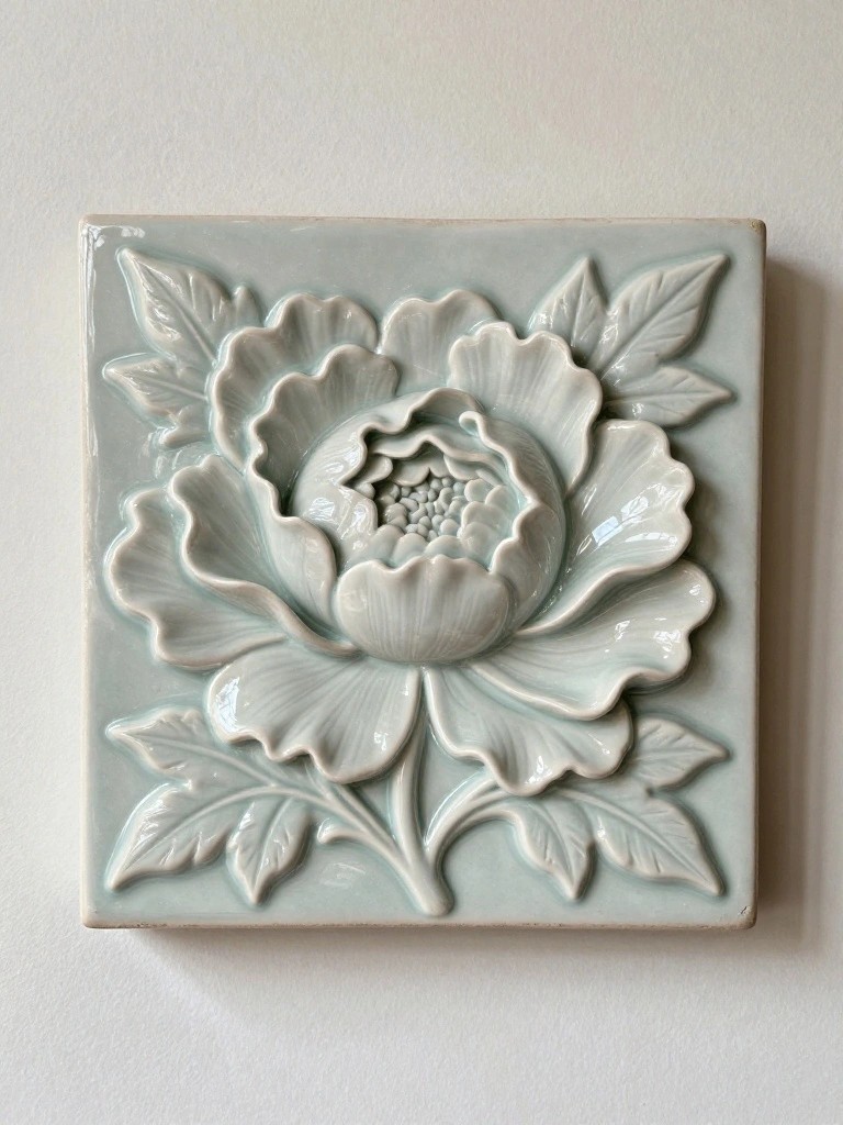 Square pale green ceramic tile with deeply carved relief of a central peony flower surrounded by leaves.