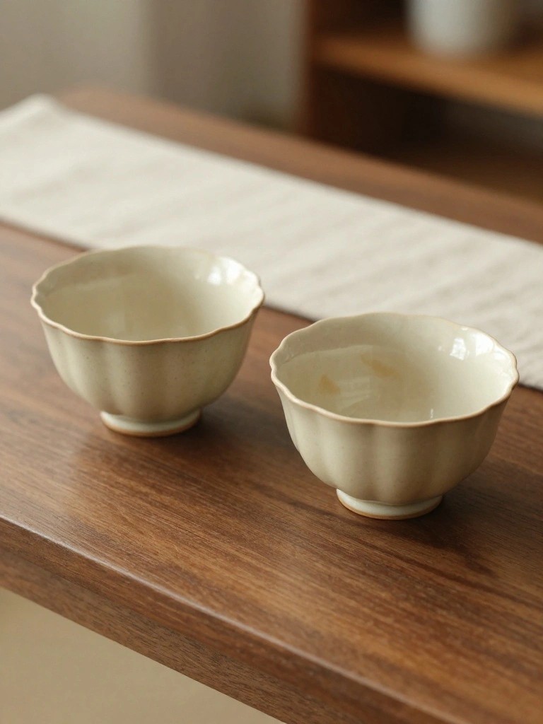 Two small handmade ceramic bowls with scalloped rims and creamy white glaze sit on a wooden table.