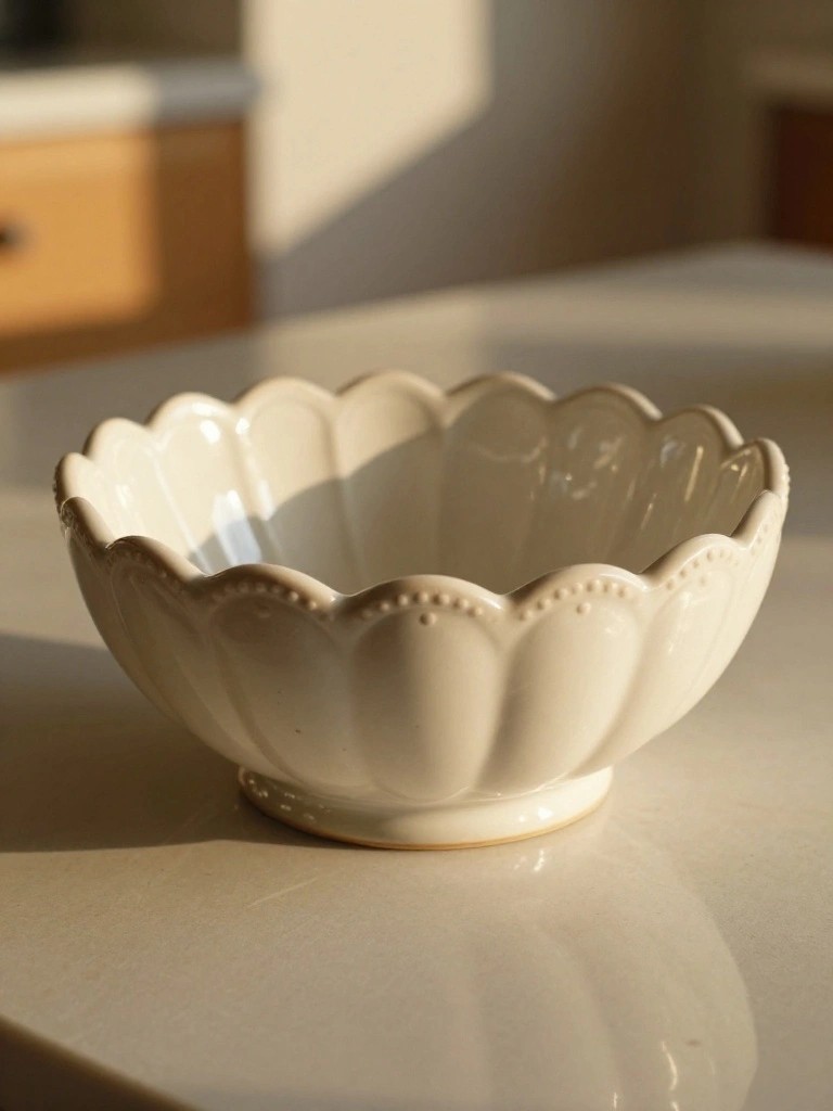 White ceramic bowl with scalloped edges on a kitchen counter.