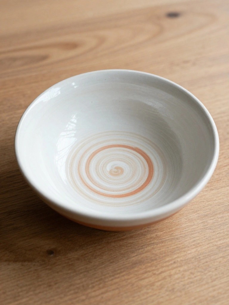 A white ceramic bowl with a peach-colored spiral design at the bottom sits on a wooden table.