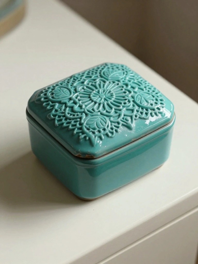 Small square turquoise ceramic lidded box with intricate carved mandala and floral patterns on the lid, sitting on a white surface next to a glass item.