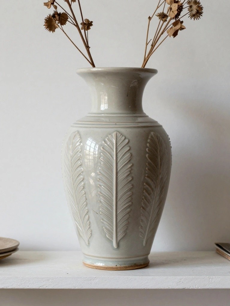 Light gray ceramic vase with incised feather leaf patterns around its bulbous body, topped with dried flower stems, placed on a white shelf next to a plate and book.