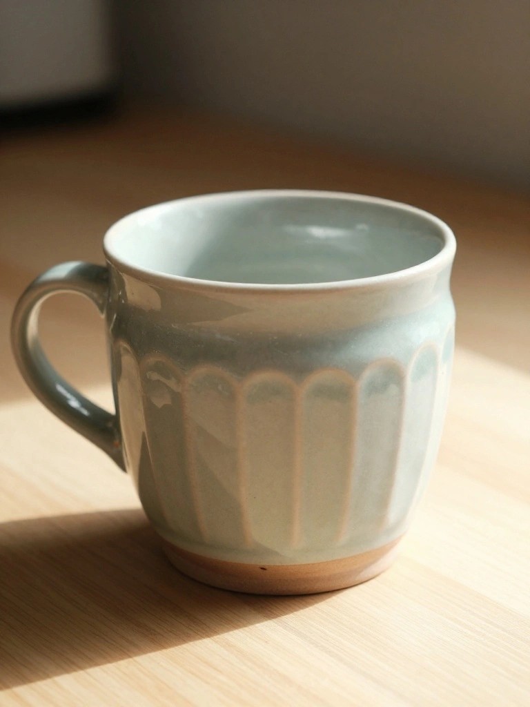 A light green handmade ceramic mug with vertical fluted ridges sits on a wooden table.