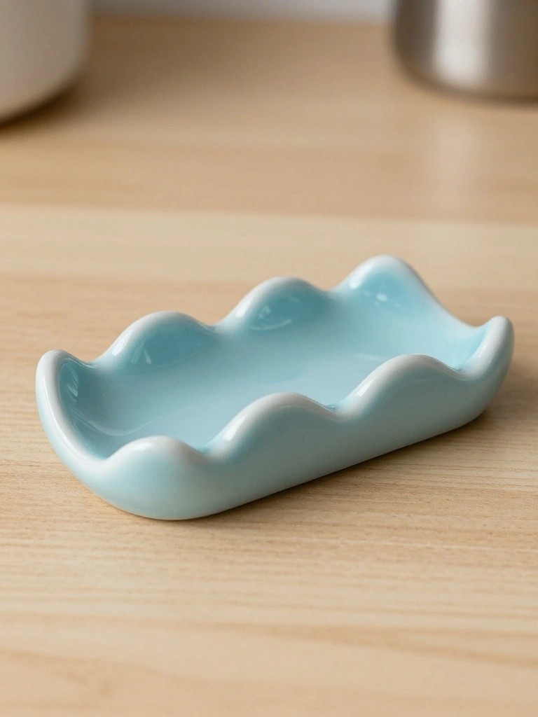 Light blue ceramic dish with scalloped wavy edges on a wooden surface.
