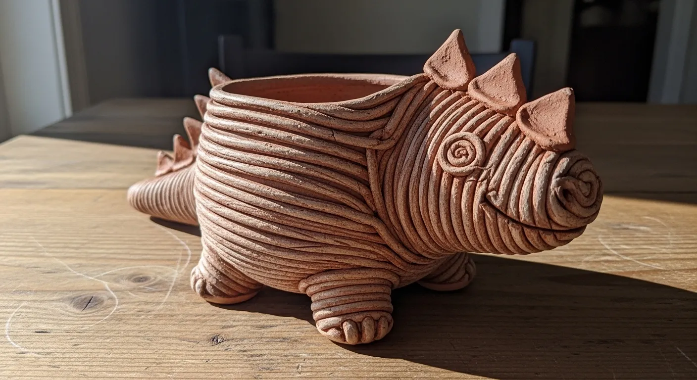 A whimsical coil pottery planter shaped like a friendly dinosaur, featuring textured, reddish-brown clay and playful details, resting on a wooden table.