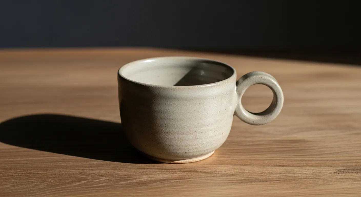 A minimalist, light gray pottery cup with a unique circular handle, resting on a wooden surface, illuminated by soft natural light.