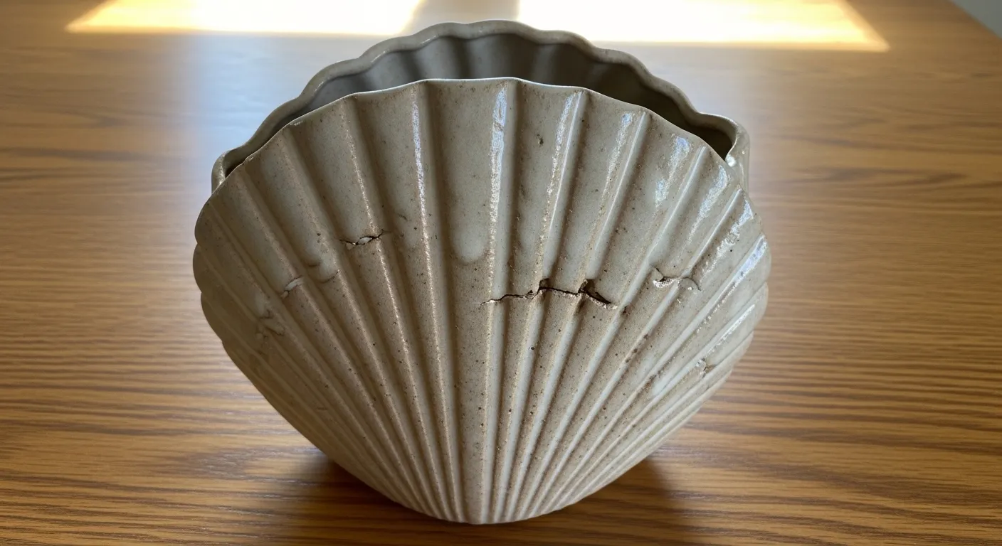 A textured, beige clay bowl shaped like a seashell, featuring ridges and subtle cracks, sits on a wooden table, illuminated by natural light.
