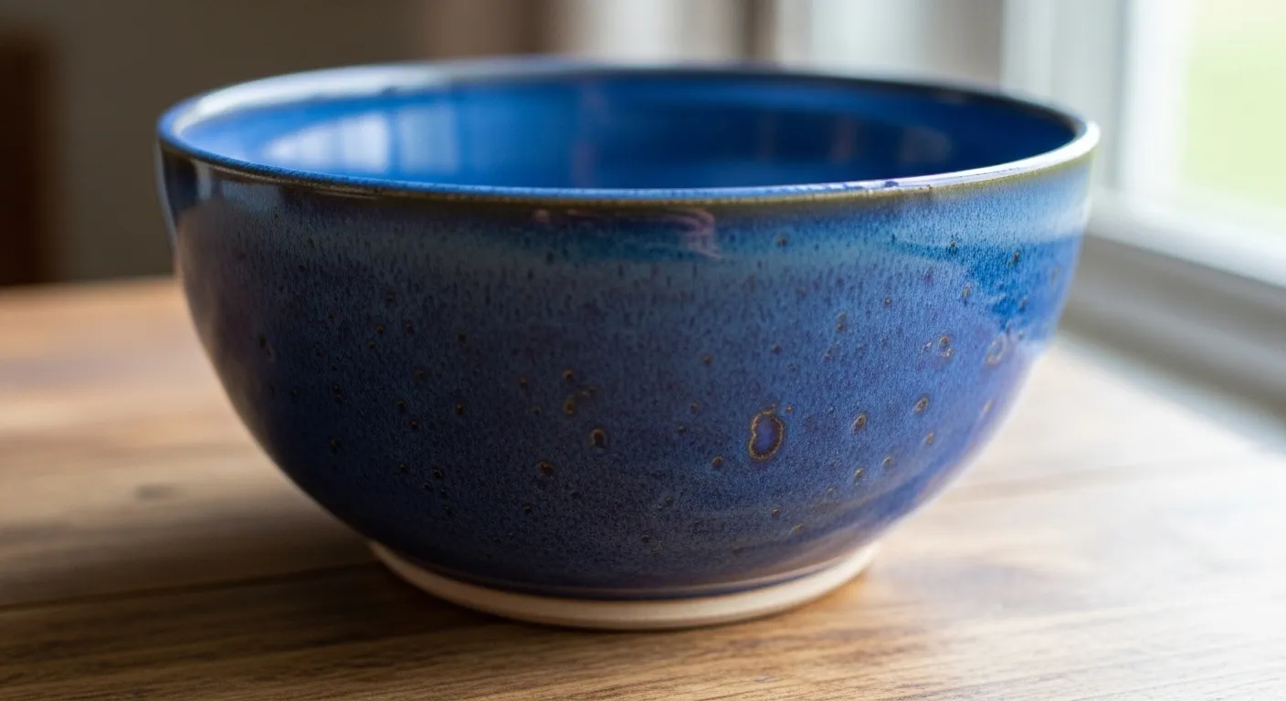 A deep blue pottery bowl with a glossy finish, featuring subtle speckles and a smooth rim, sits on a wooden surface near a window.