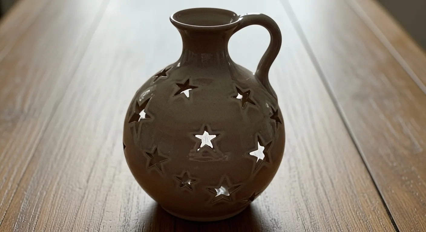 A round, beige pottery vase with star-shaped cutouts, featuring a curved handle, sits on a wooden table, casting soft light through the openings.