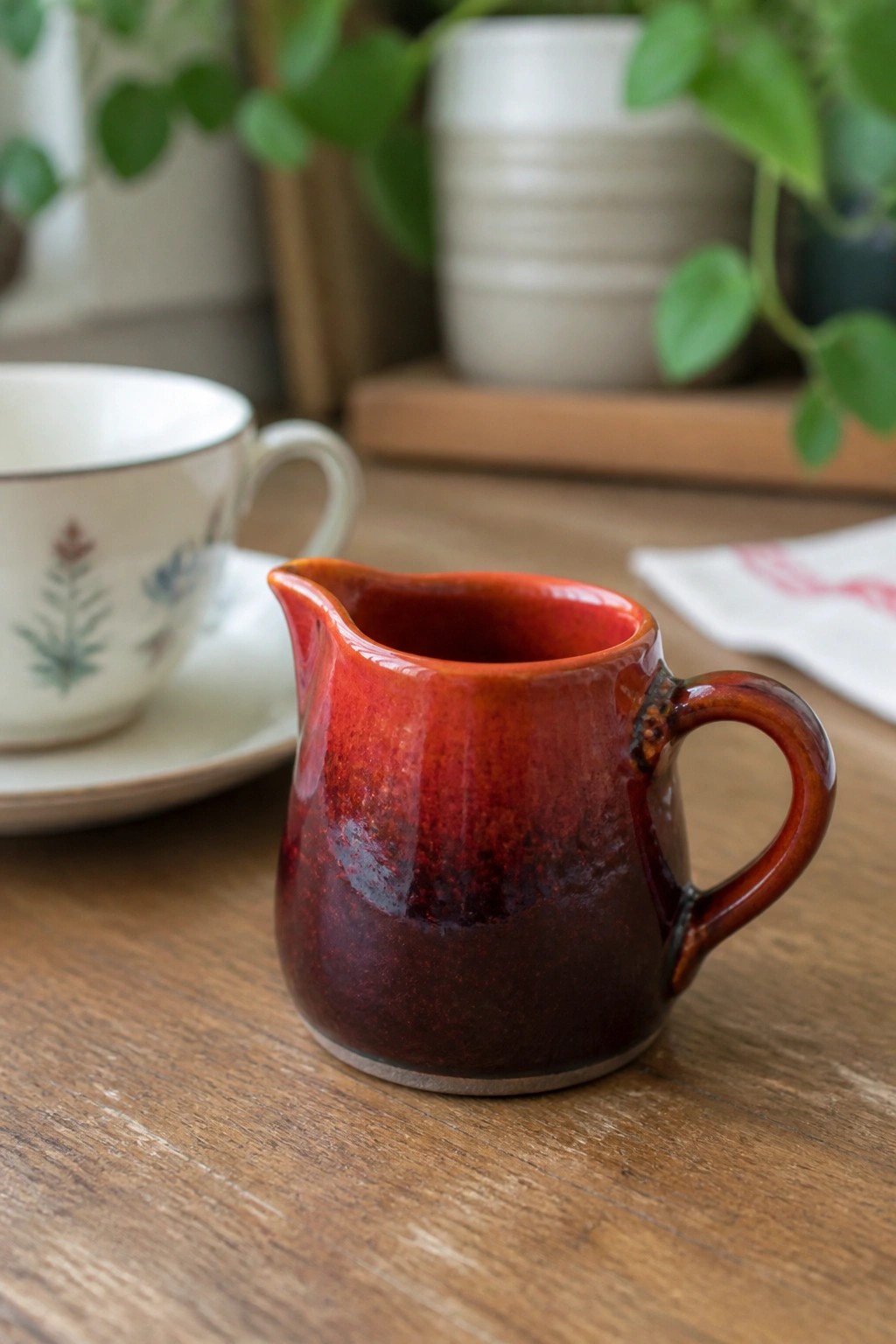 Red ceramic pitcher beside floral teacup on wooden table with plants behind