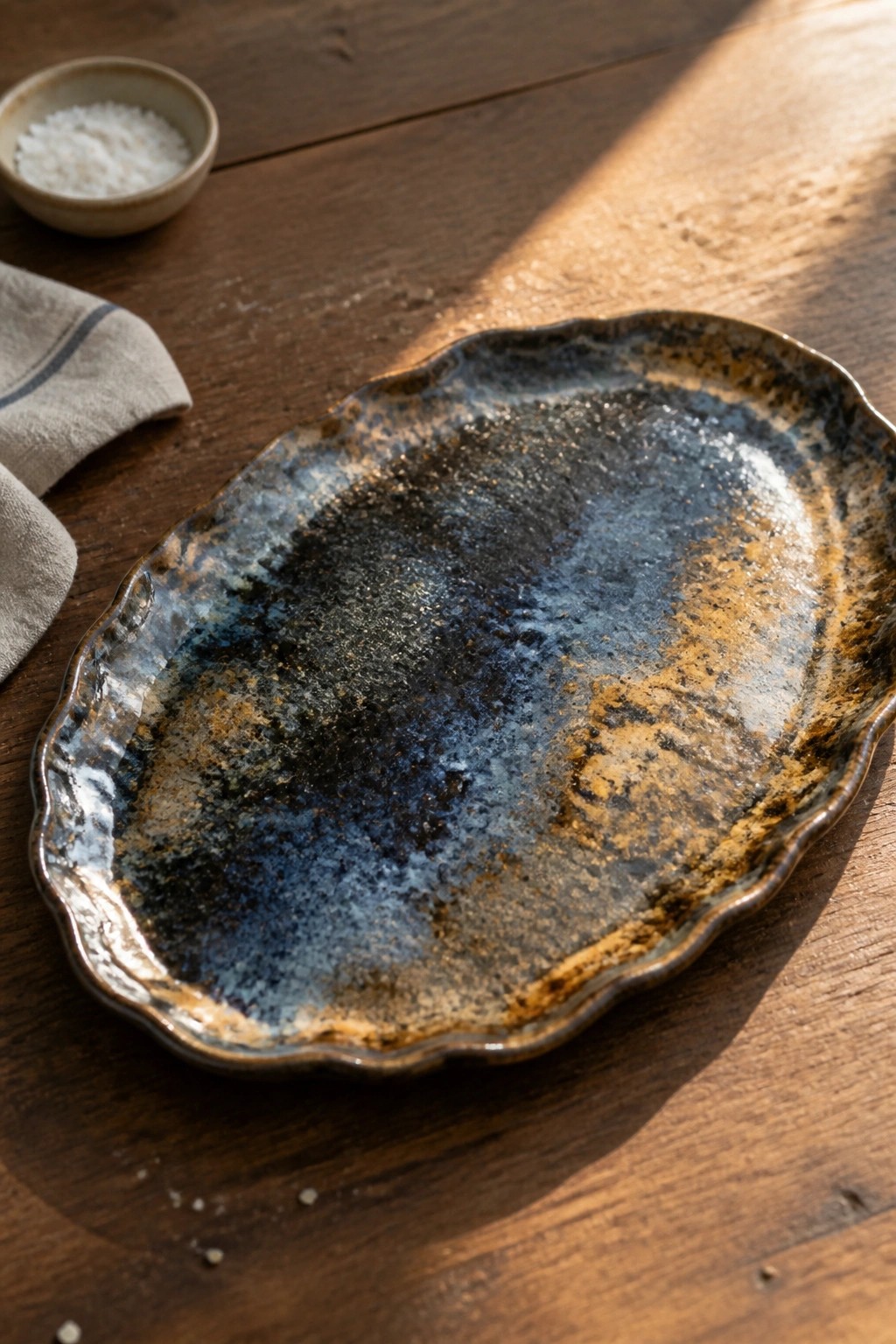 An oval ceramic tray with a scalloped rim sits on a wooden table, covered in a mottled dark blue, black, and brown glaze, with a small bowl of salt nearby.