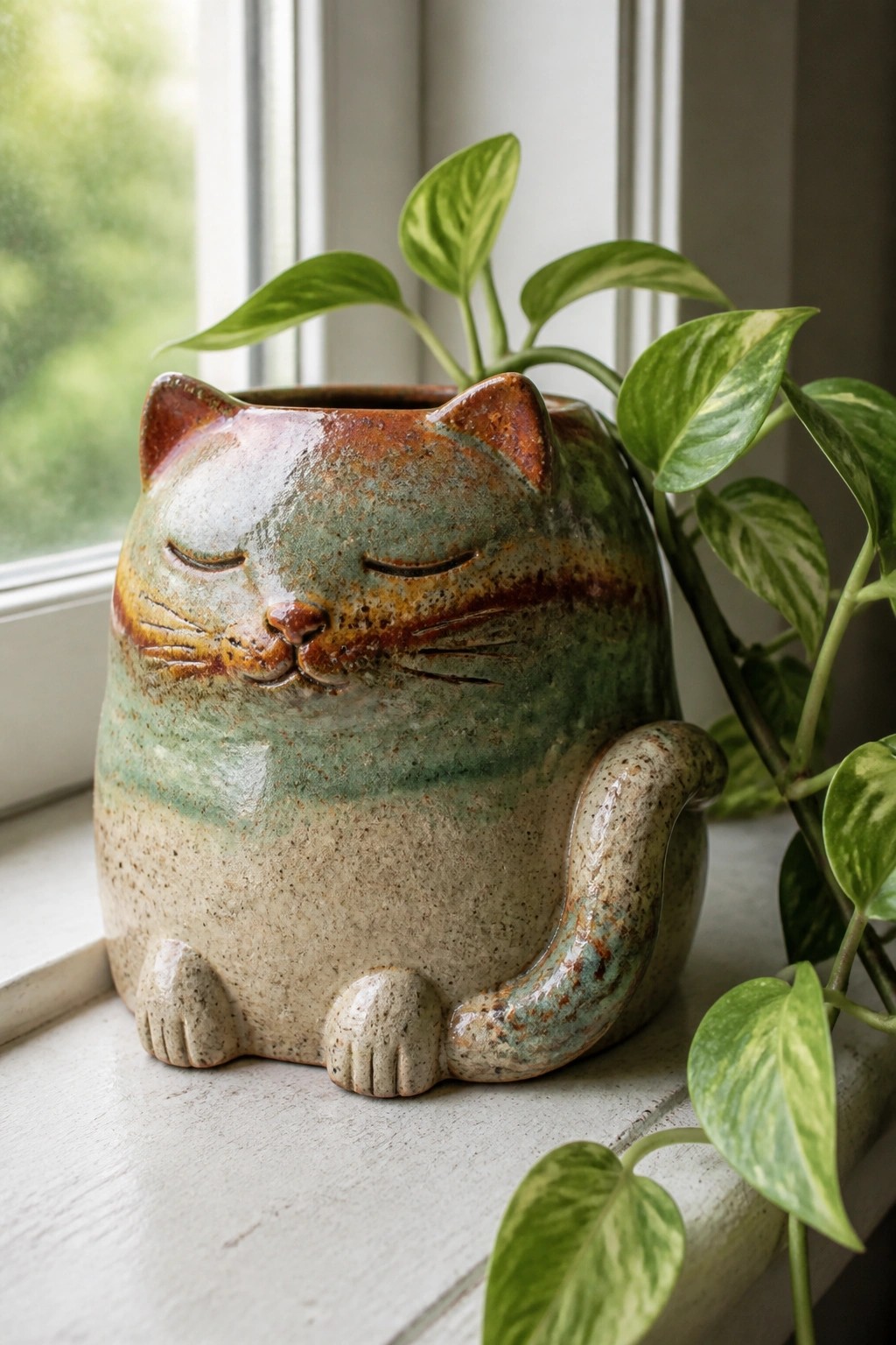 Glazed ceramic cat planter with green plant on white windowsill