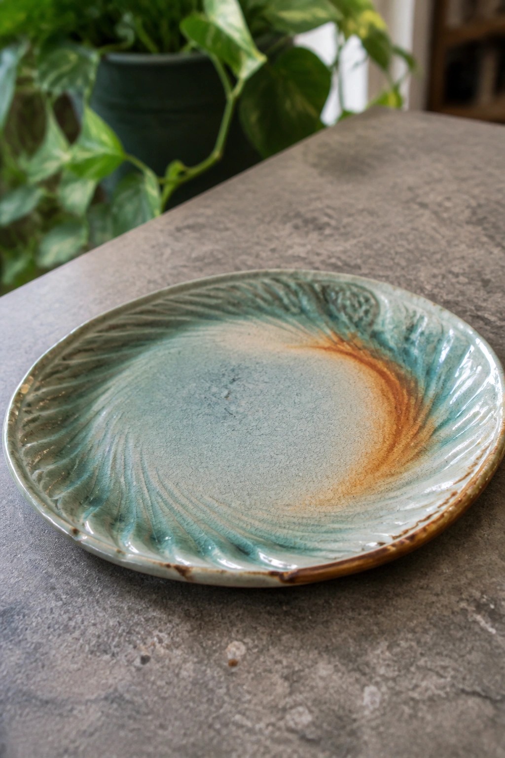 A round ceramic plate with a blue-green swirling glaze and a textured combed rim on a gray countertop.