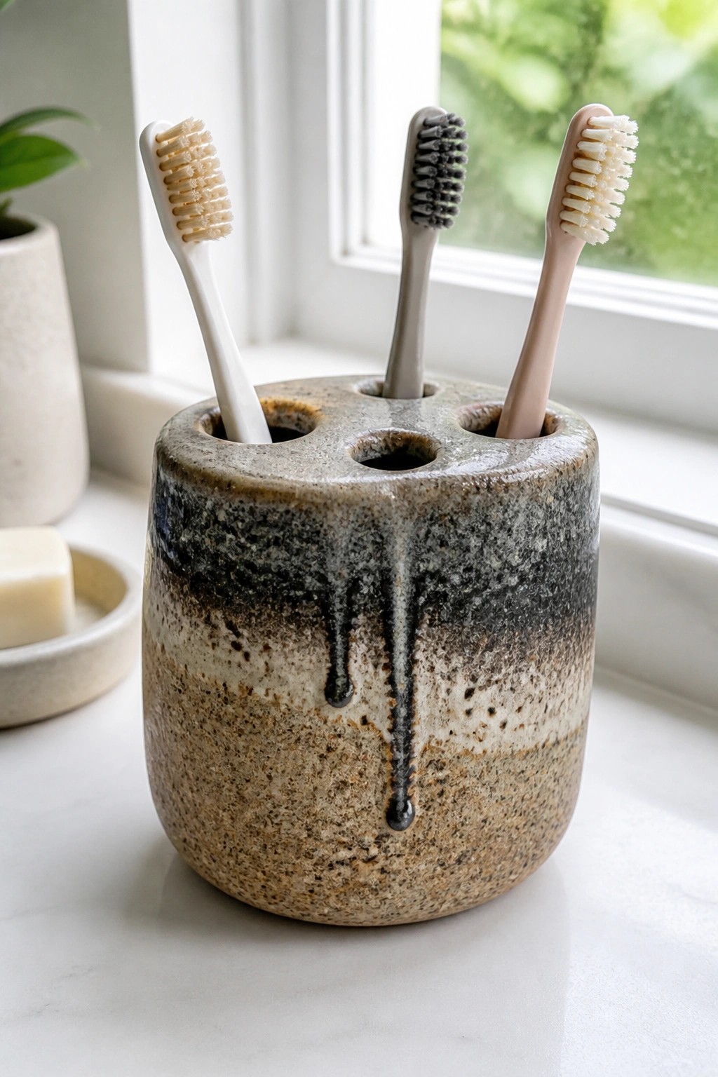 Three toothbrushes in a speckled ceramic holder on a windowsill