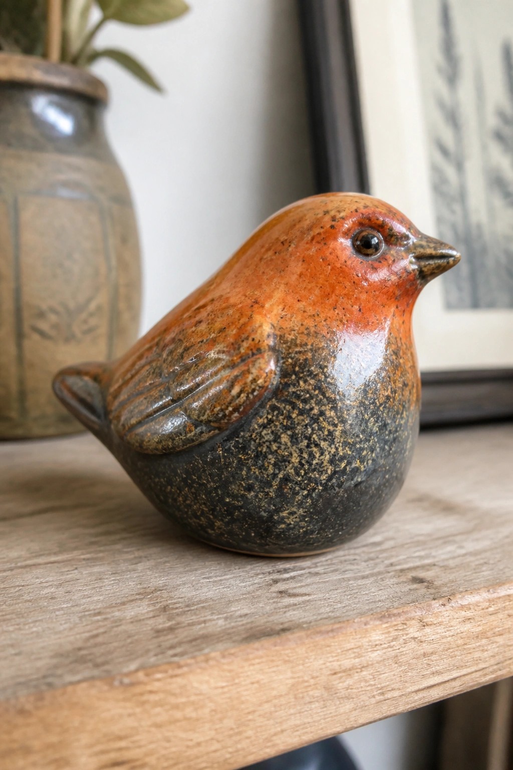 Ceramic bird figurine with orange head and speckled dark body on wooden surface