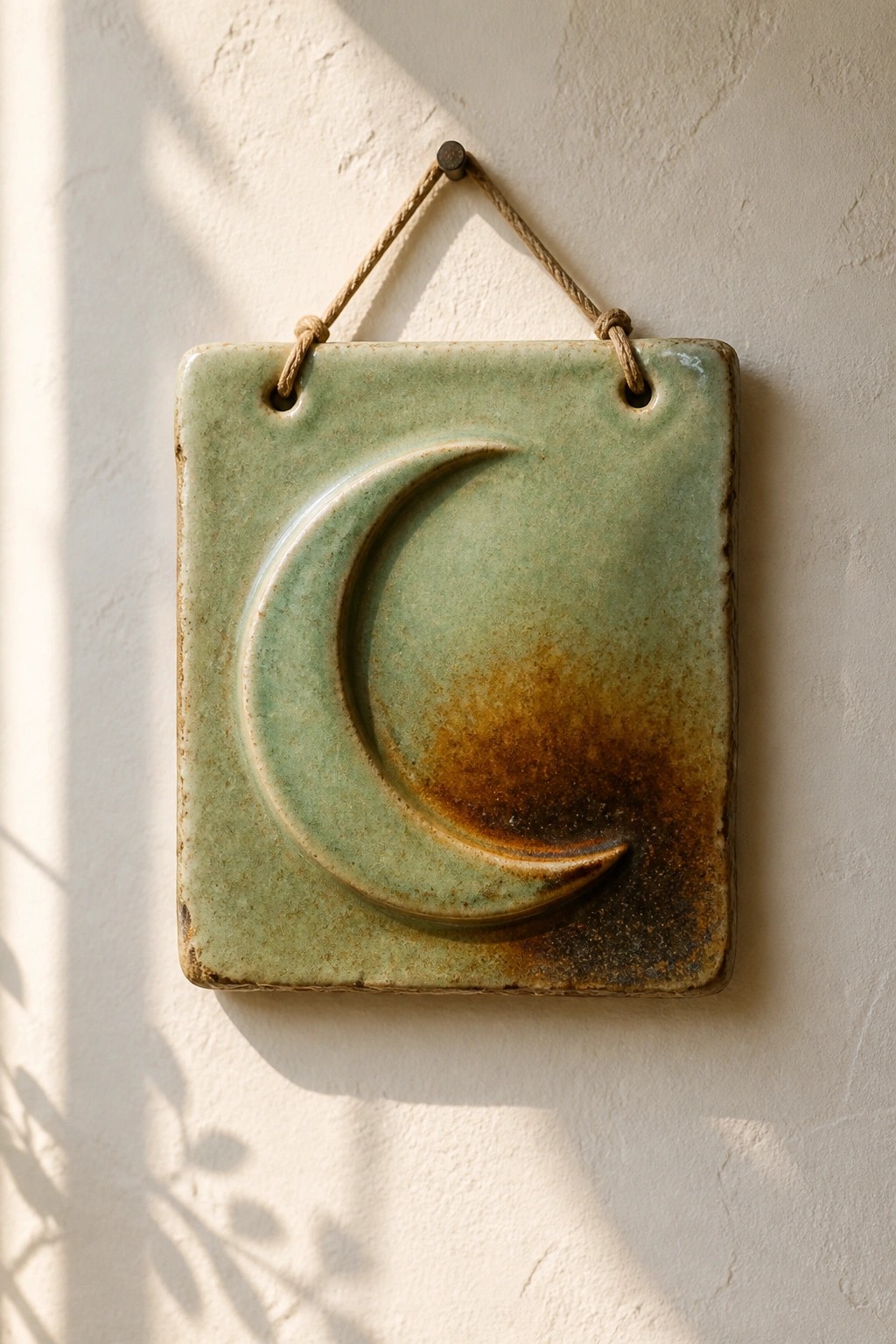 Green ceramic tile with embossed crescent moon, hanging by rope on white wall