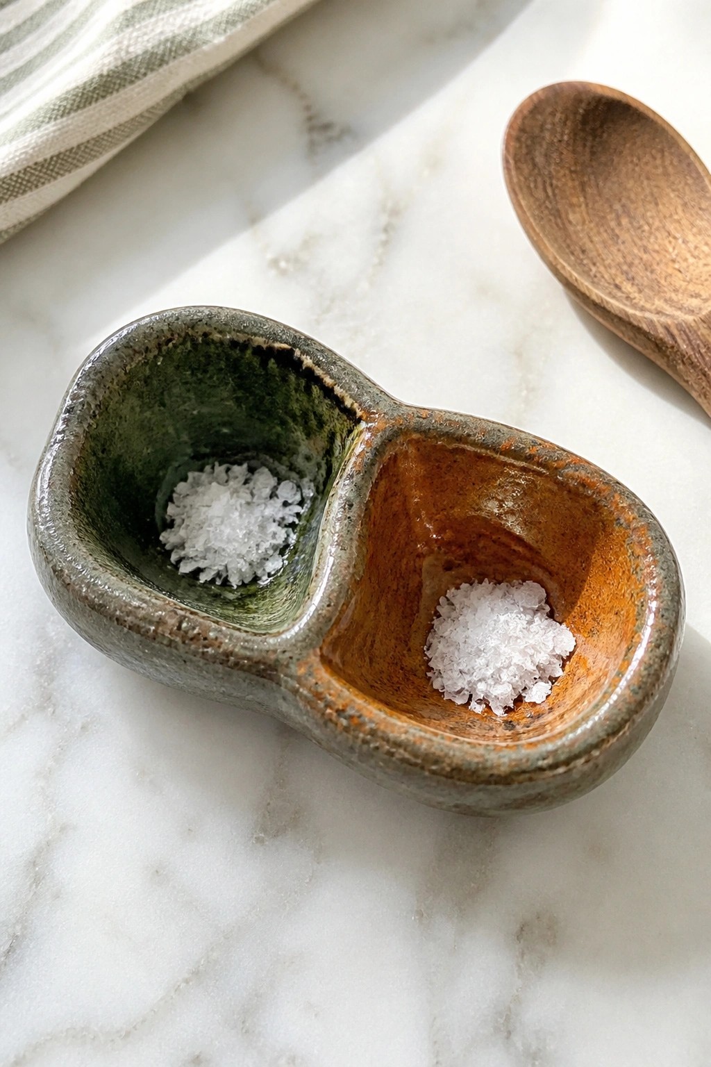 Ceramic double salt dish with white crystals beside wooden spoon on marble with striped cloth
