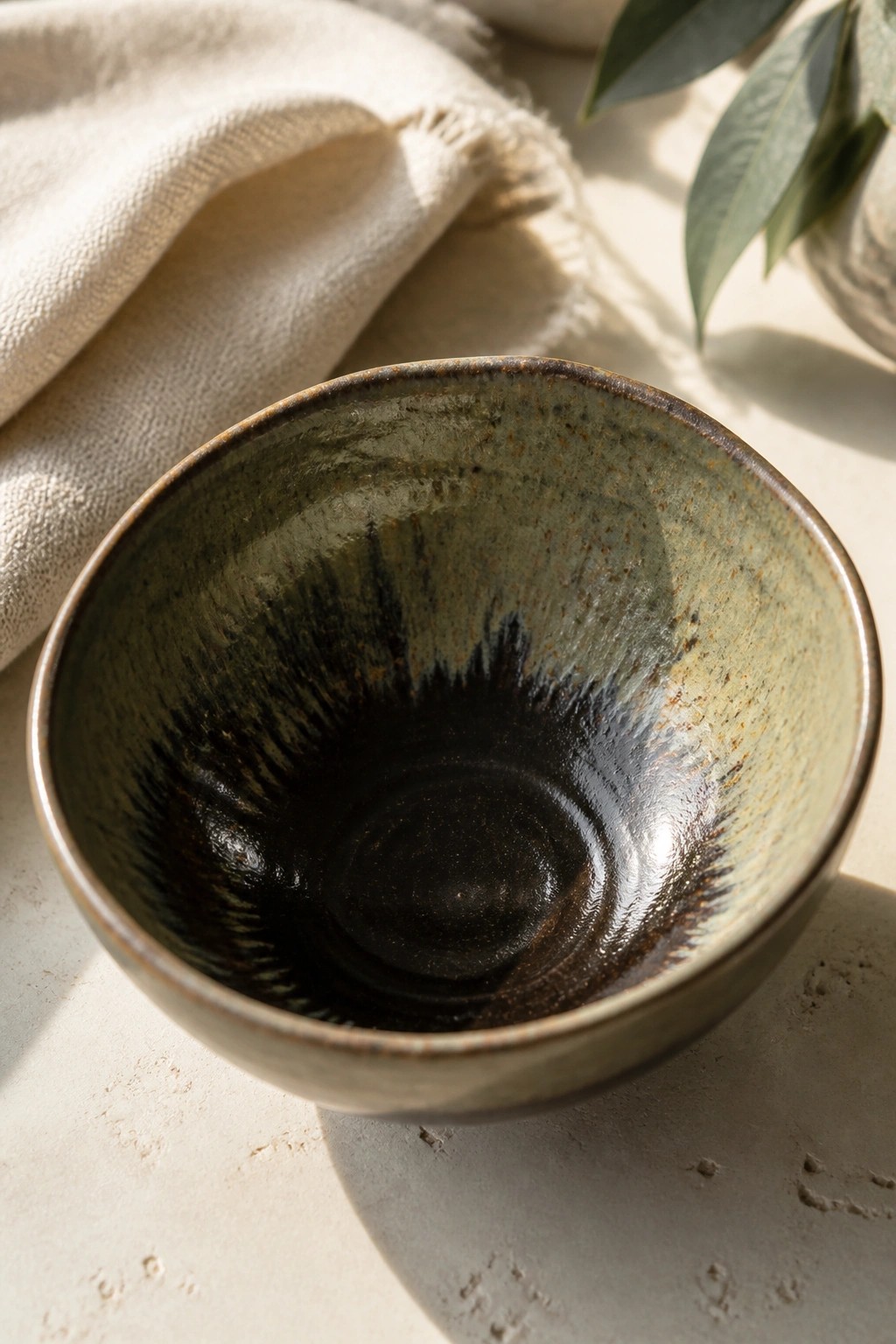 Rustic ceramic bowl with speckled green-brown glaze beside linen cloth and leaves.