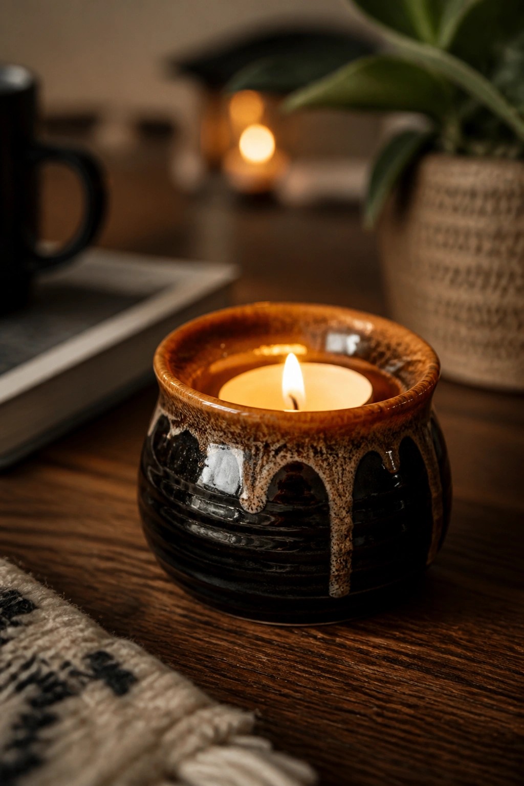 Lit candle in drippy brown ceramic holder on wooden table with cozy decor