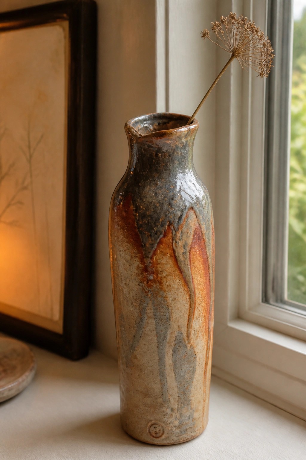 Ceramic vase with earthy brown orange gray glaze holding dried flower on windowsill