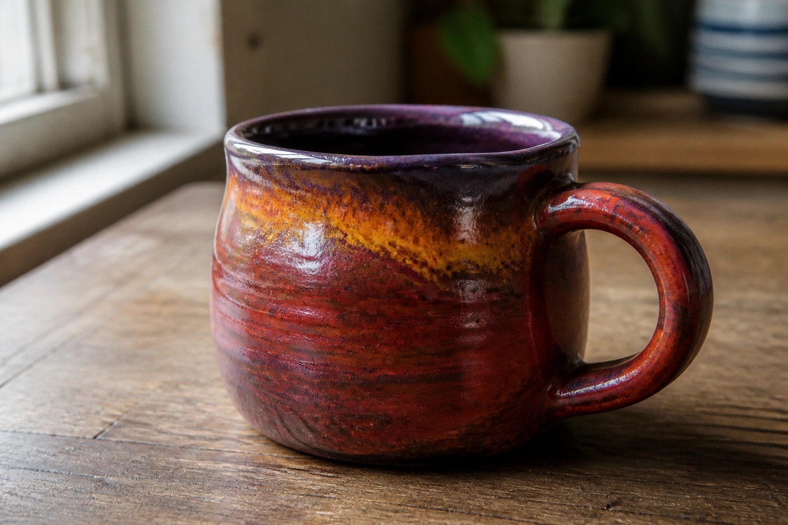 Rustic red-orange glazed ceramic mug with handle on wooden table