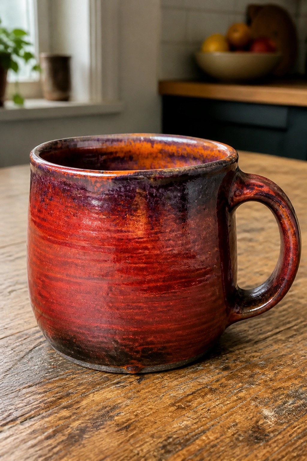 Rustic red-orange glazed ceramic mug with handle on wooden table