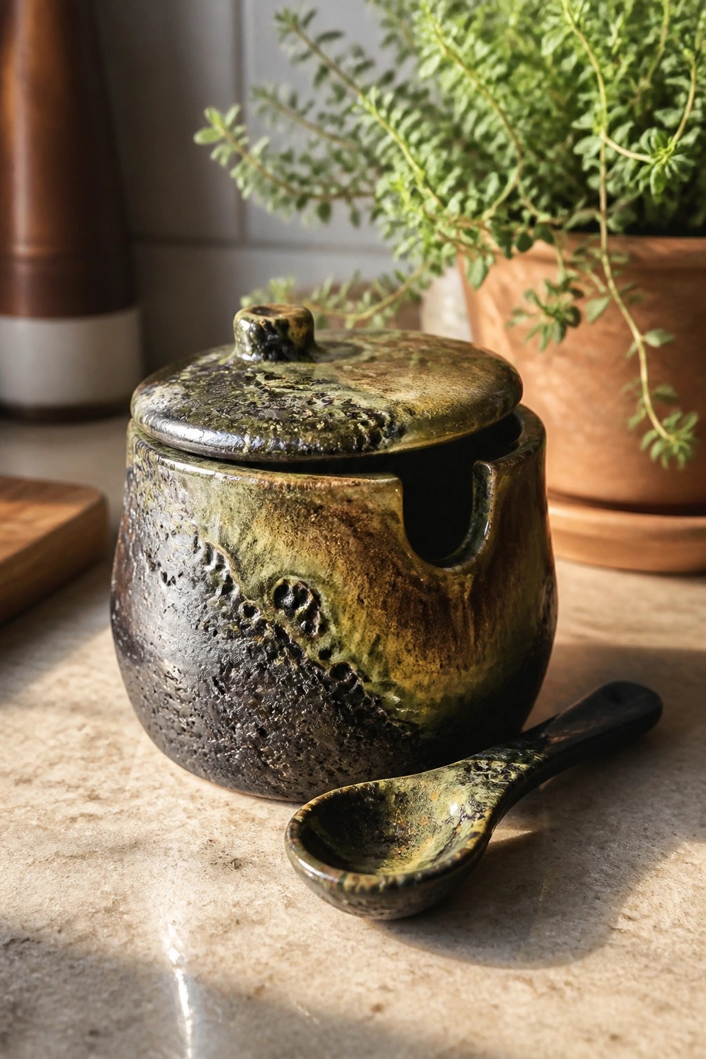 Rustic green ceramic jar with lid and matching spoon on stone counter