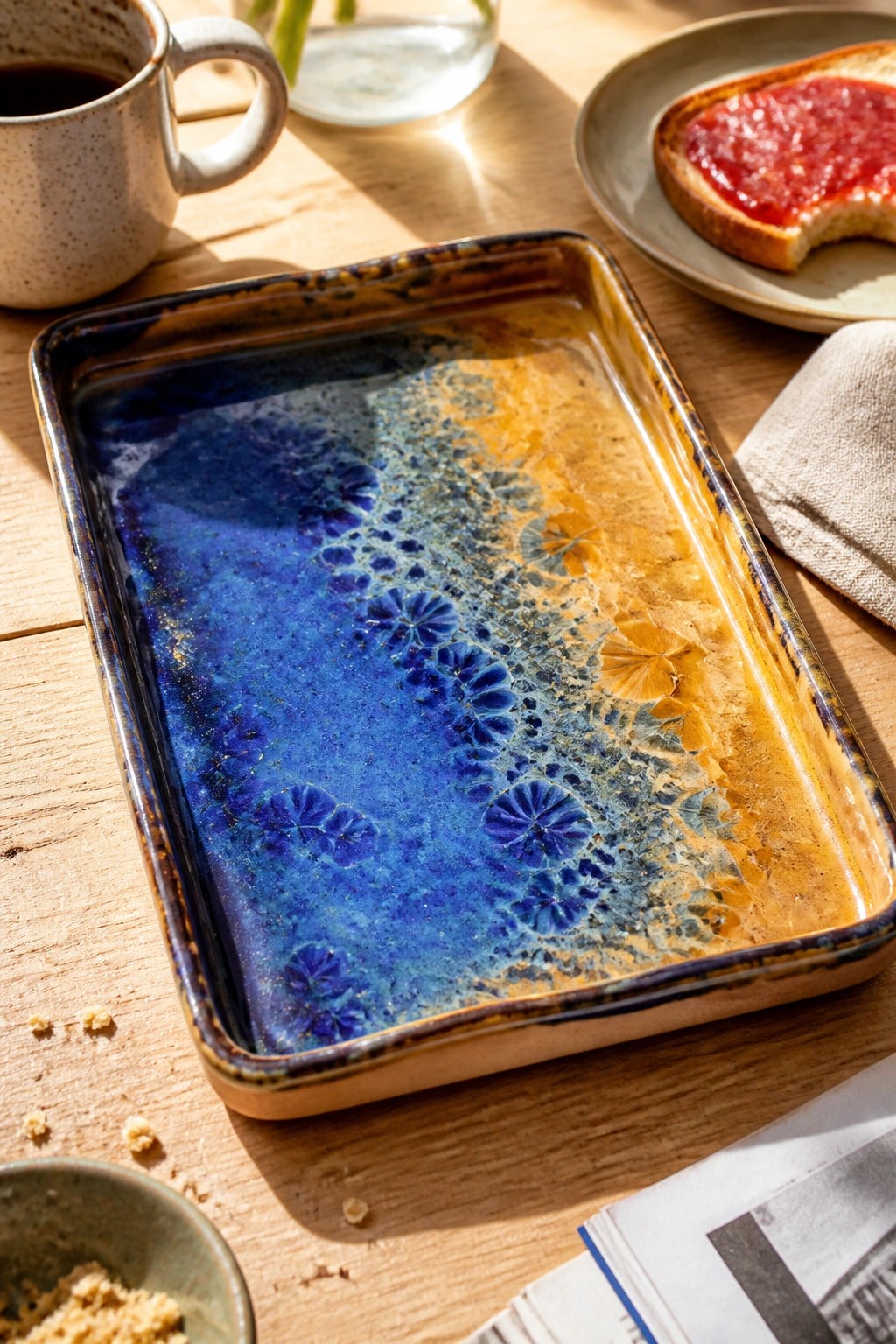 Rectangular ceramic tray with blue pooling glaze and orange breaks on a wooden table.