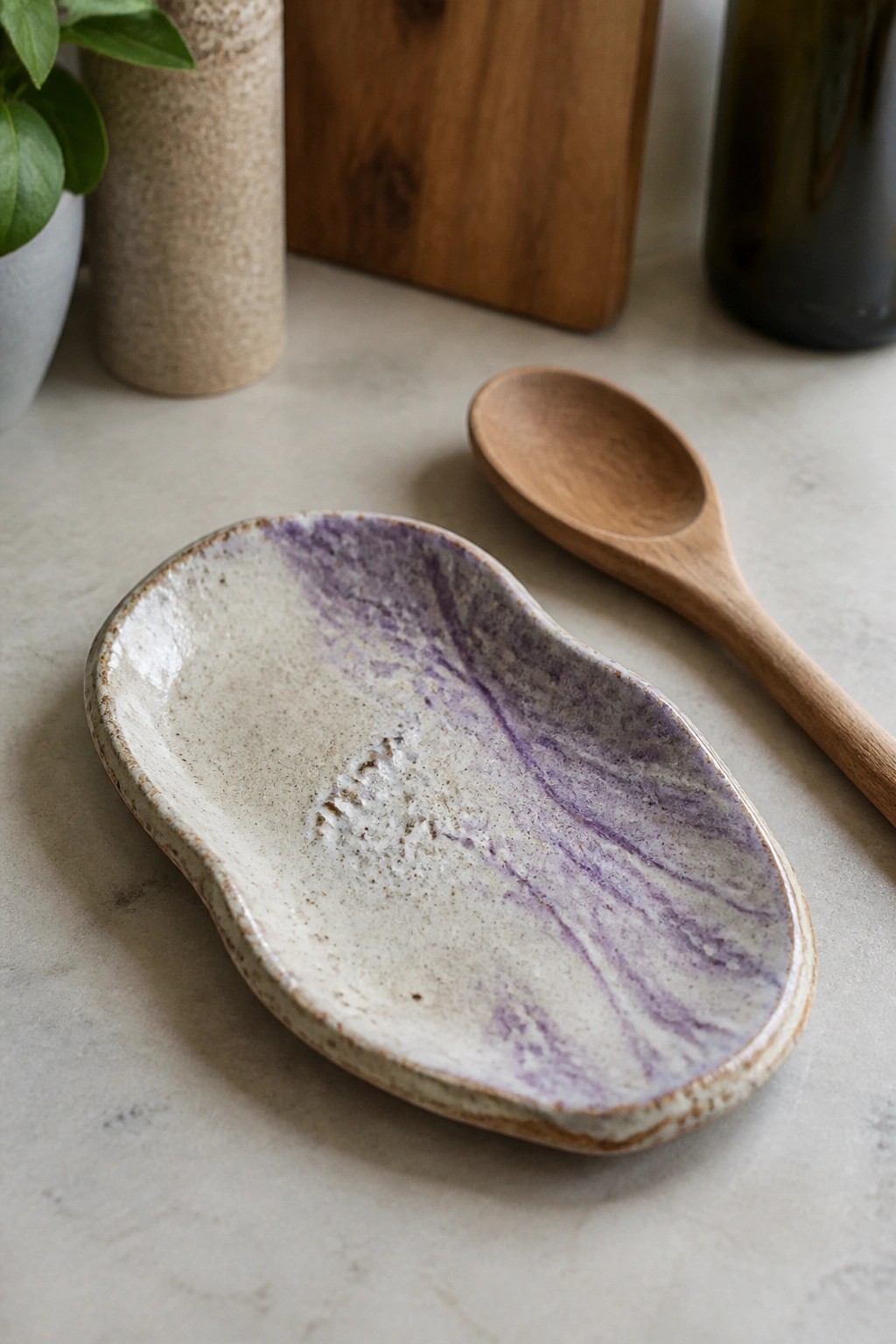 Oval ceramic dish with purple swirls beside wooden spoon on marble counter