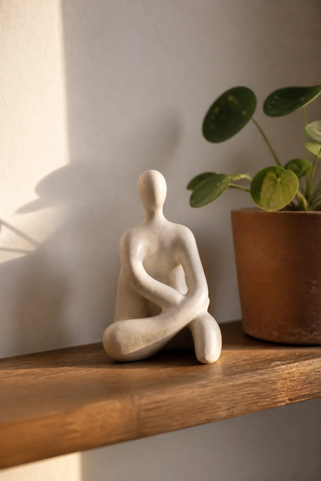 A white ceramic abstract seated human figure sits on a wooden shelf next to a terracotta plant pot.
