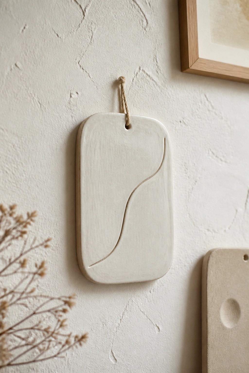 White ceramic plaque with curved line hanging on textured wall by twine