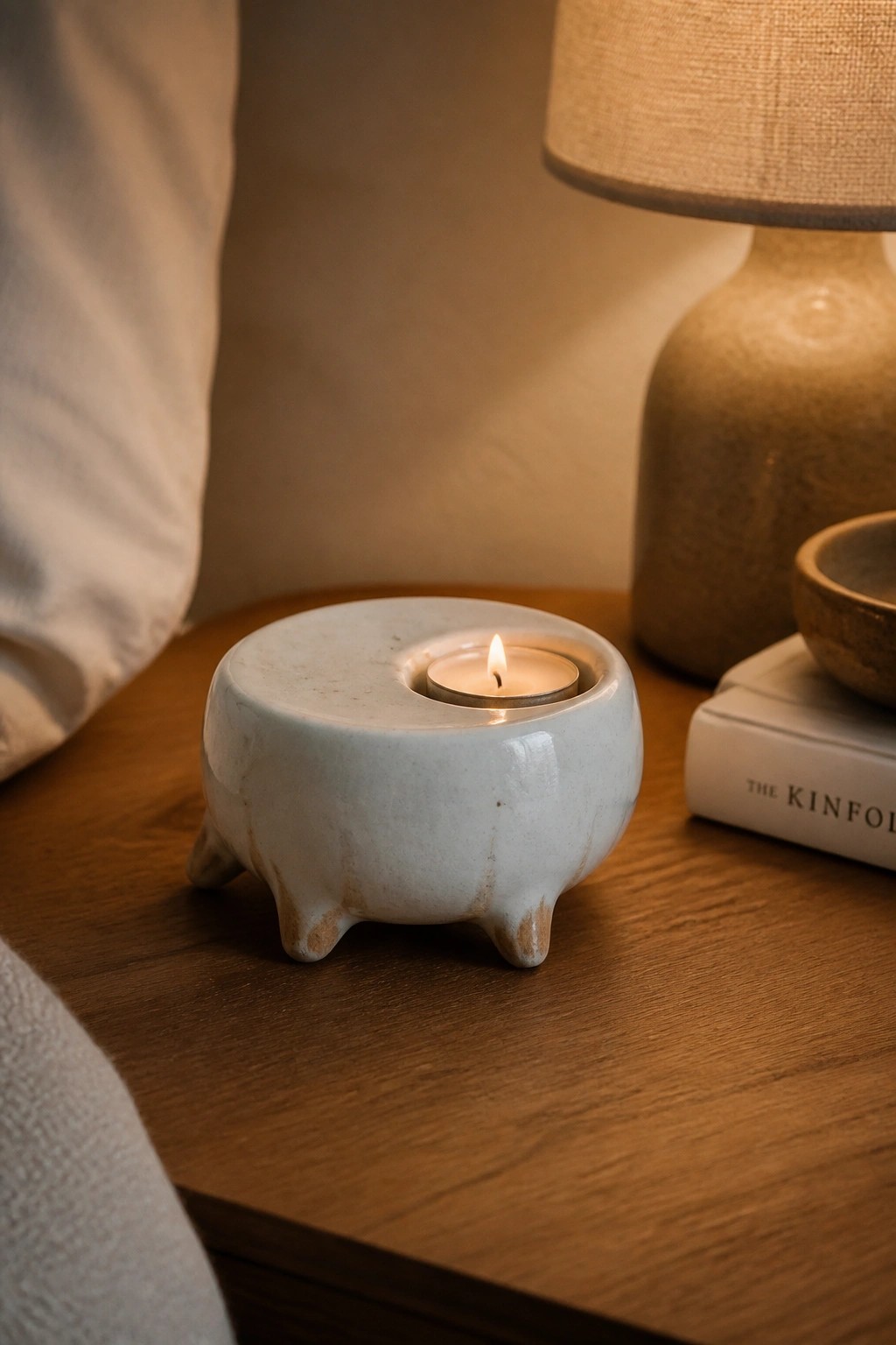 Lit candle in pale blue ceramic holder on wooden table beside lamp and book.
