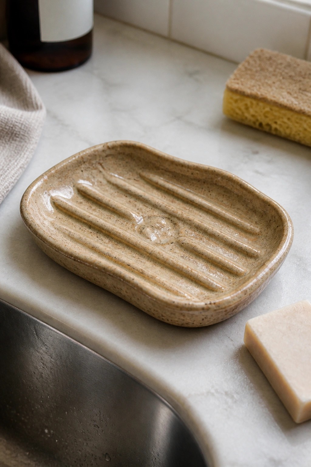 Beige ridged ceramic soap dish with water on marble countertop near soap and sponge