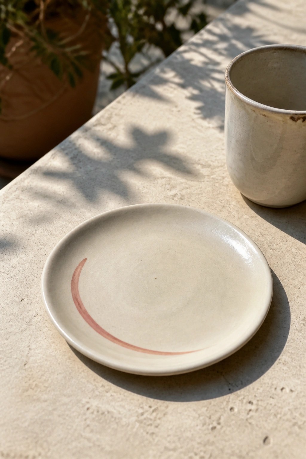 A small beige ceramic plate with a curved pink line sits on a stone surface next to a matching cup.