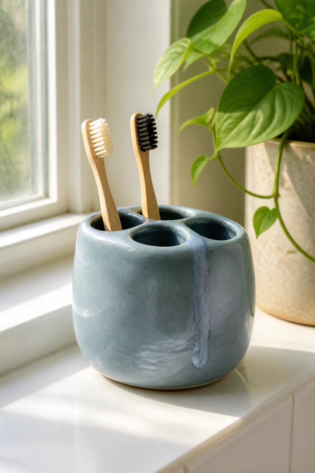Two bamboo toothbrushes in a blue ceramic holder on a sunny windowsill with plant