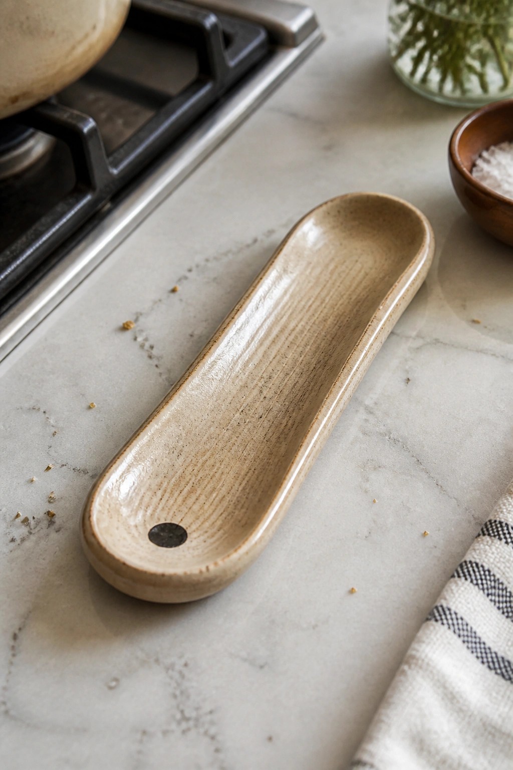 Beige ceramic spoon rest on marble countertop near gas stove and wooden bowl