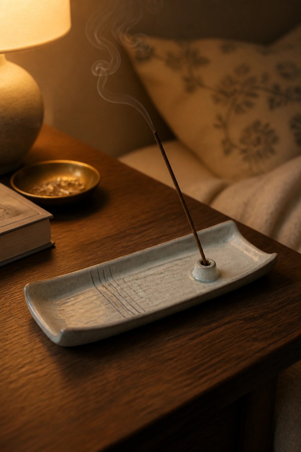 A light glazed ceramic tray with a small holder holds a burning incense stick on a wooden table.