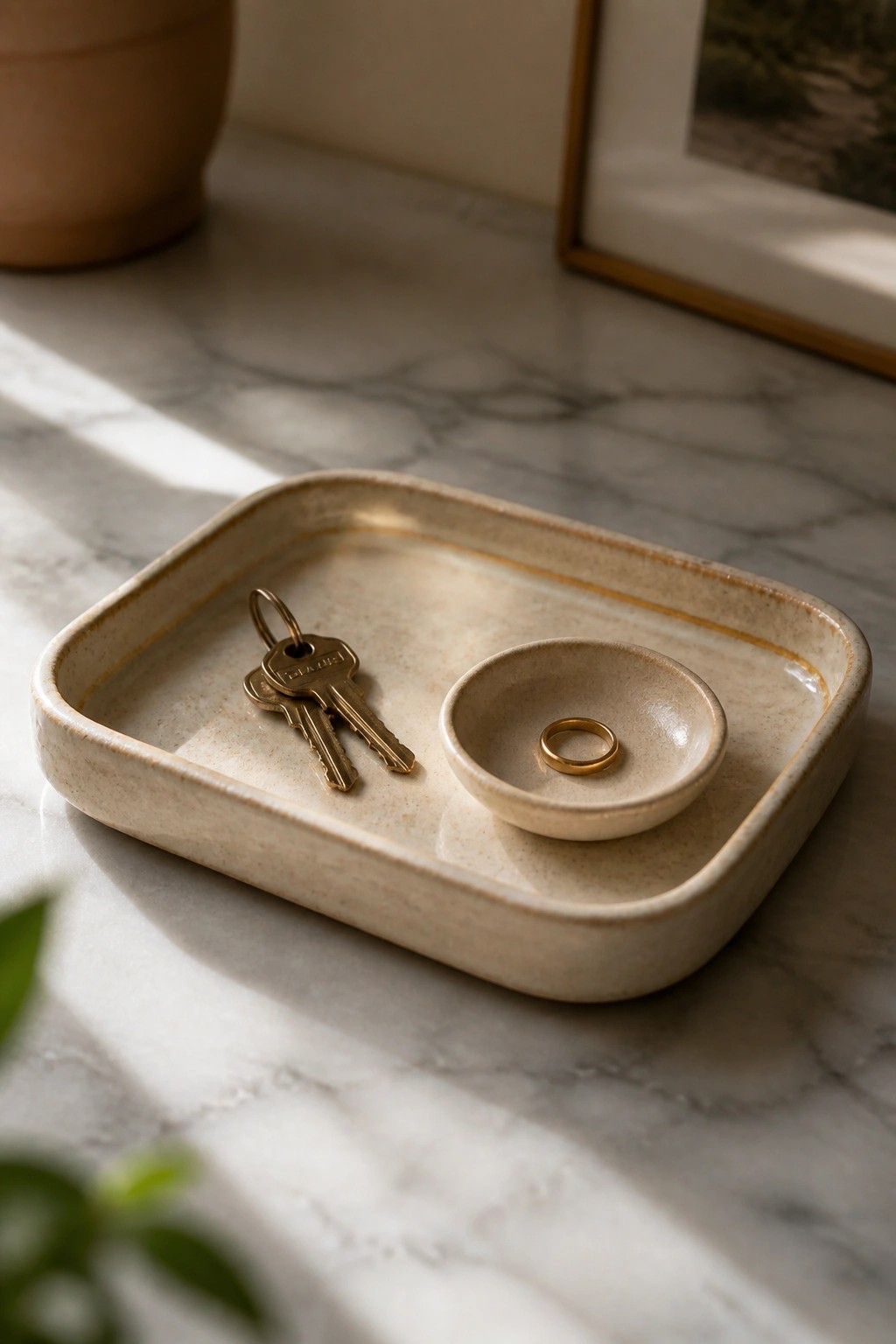 Ceramic tray with keys and gold ring in small dish on marble surface