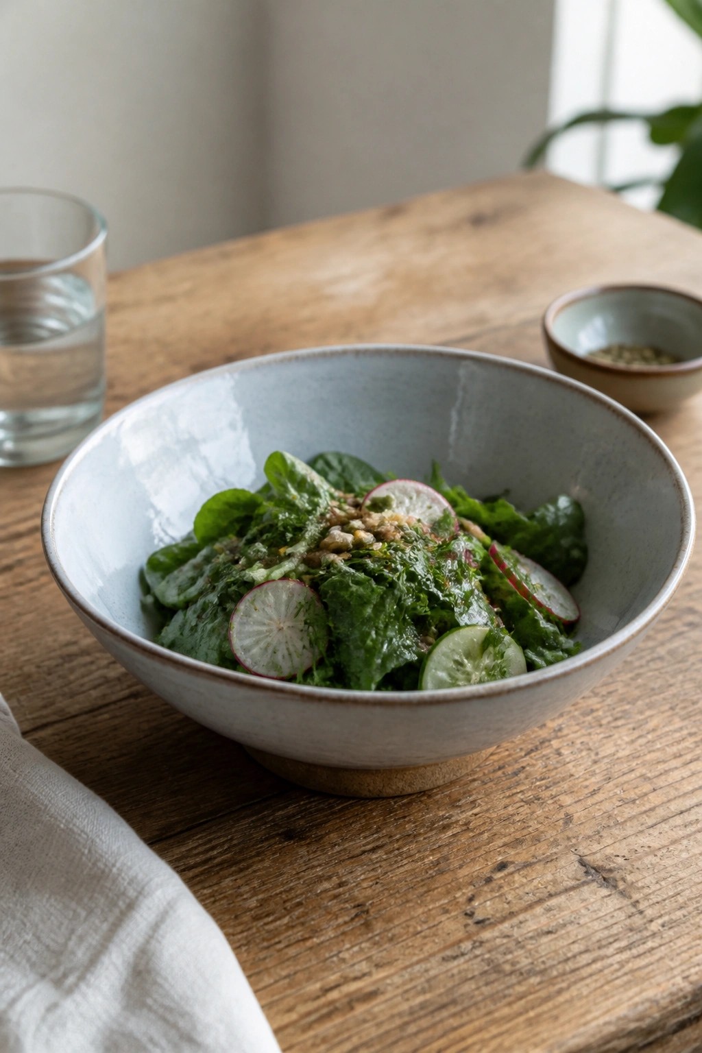Fresh salad bowl with greens, radishes, cucumber on rustic wooden table