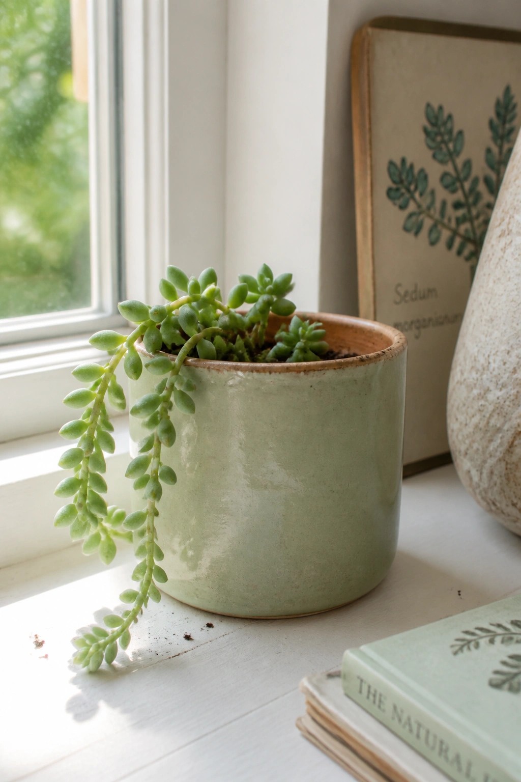 Trailing succulent in light green ceramic pot on white windowsill with books