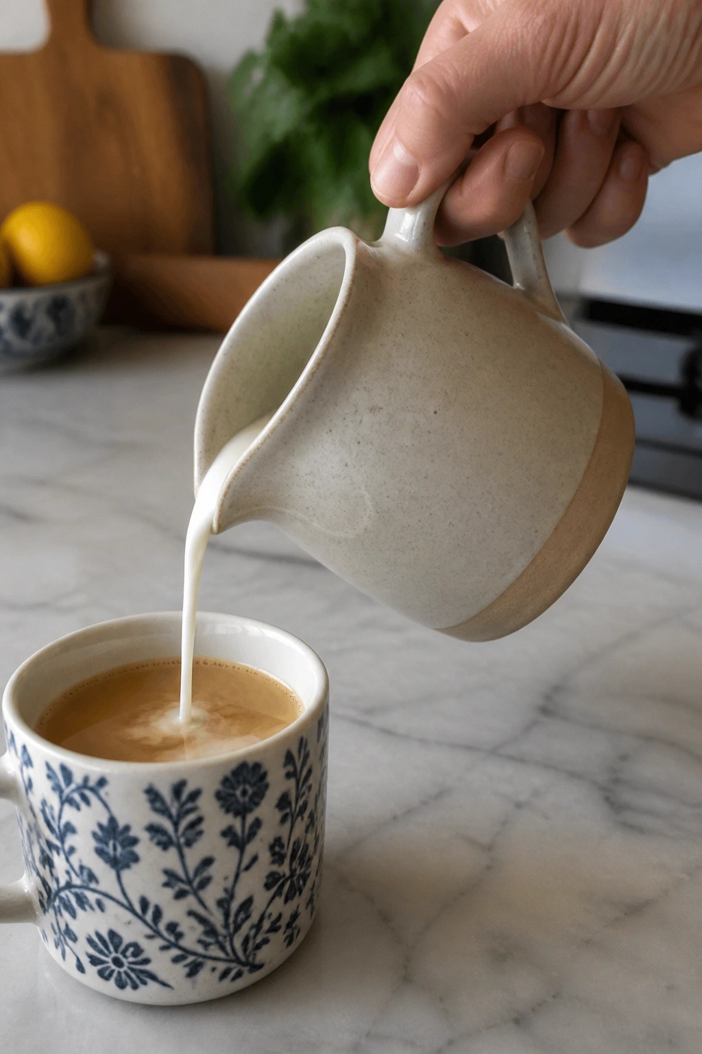 Hand pouring milk from beige pitcher into blue floral coffee cup on marble.