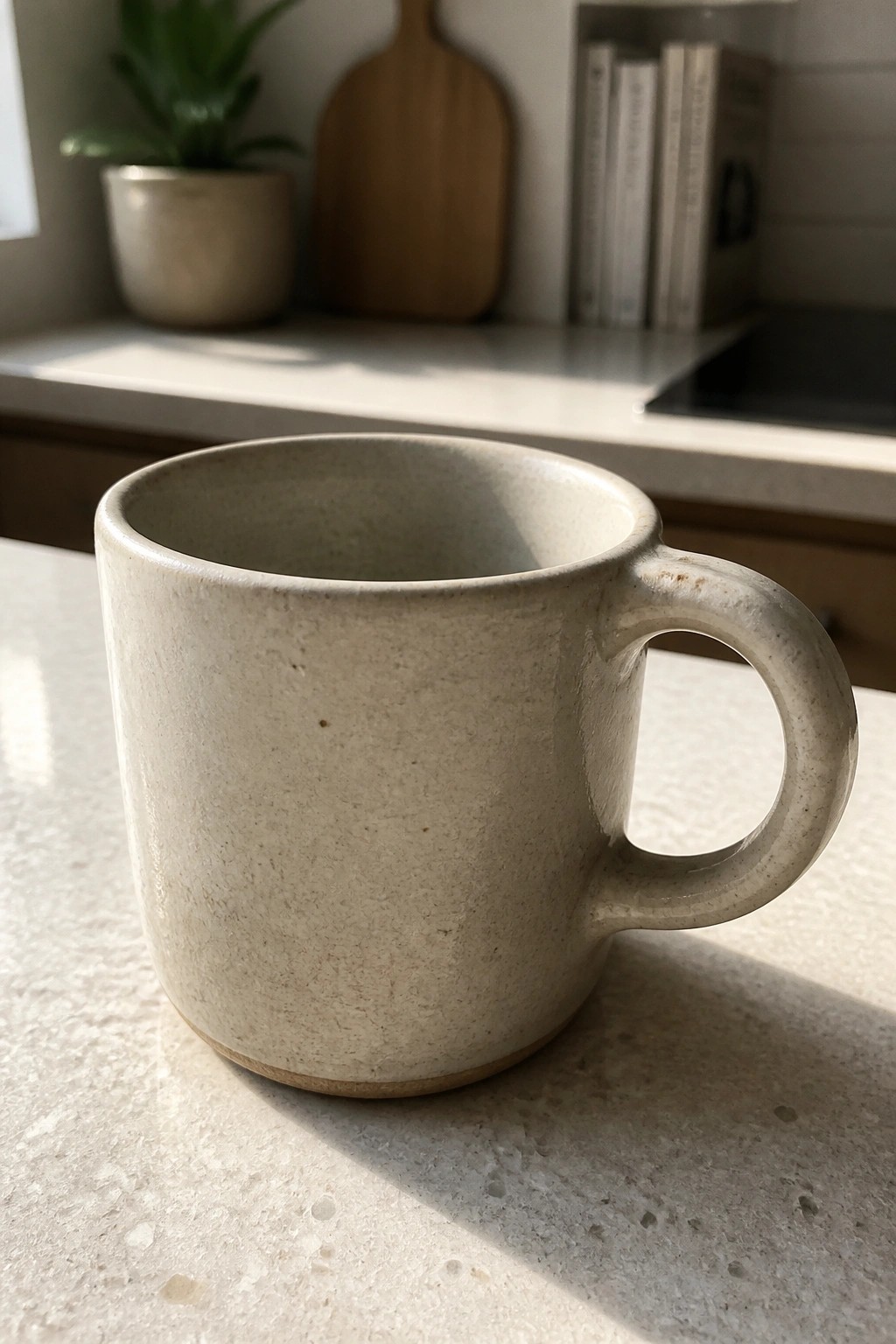 Speckled beige ceramic mug on white marble kitchen countertop in sunlight