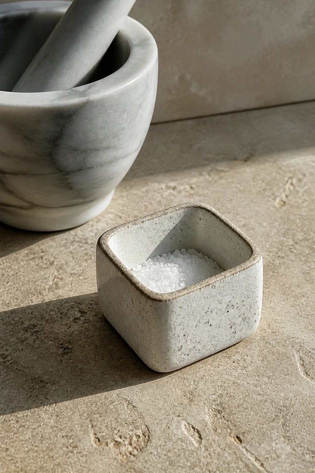 Small square ceramic bowl of salt beside marble mortar on stone surface