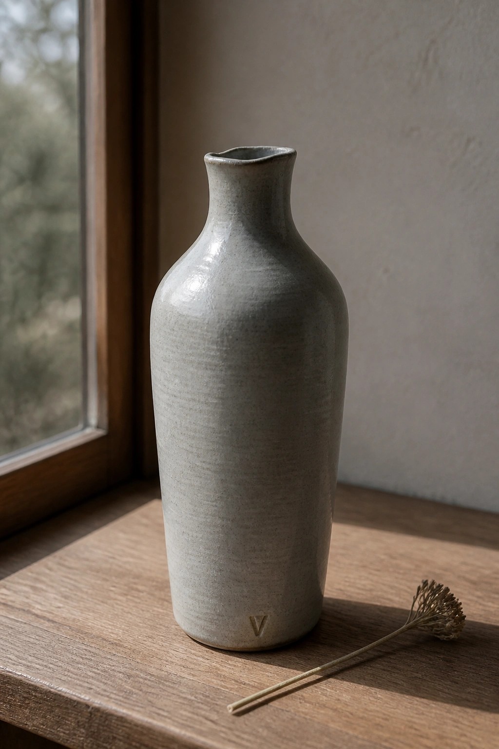 Matte gray ceramic vase on wooden windowsill beside dried flower stem