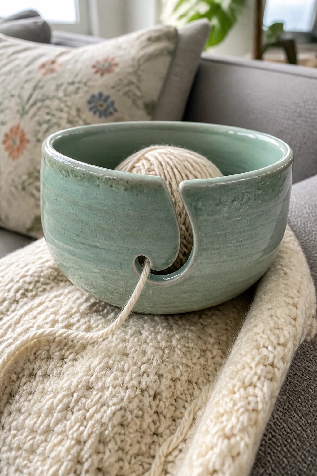 Light green ceramic yarn bowl with cream yarn on knitted blanket.