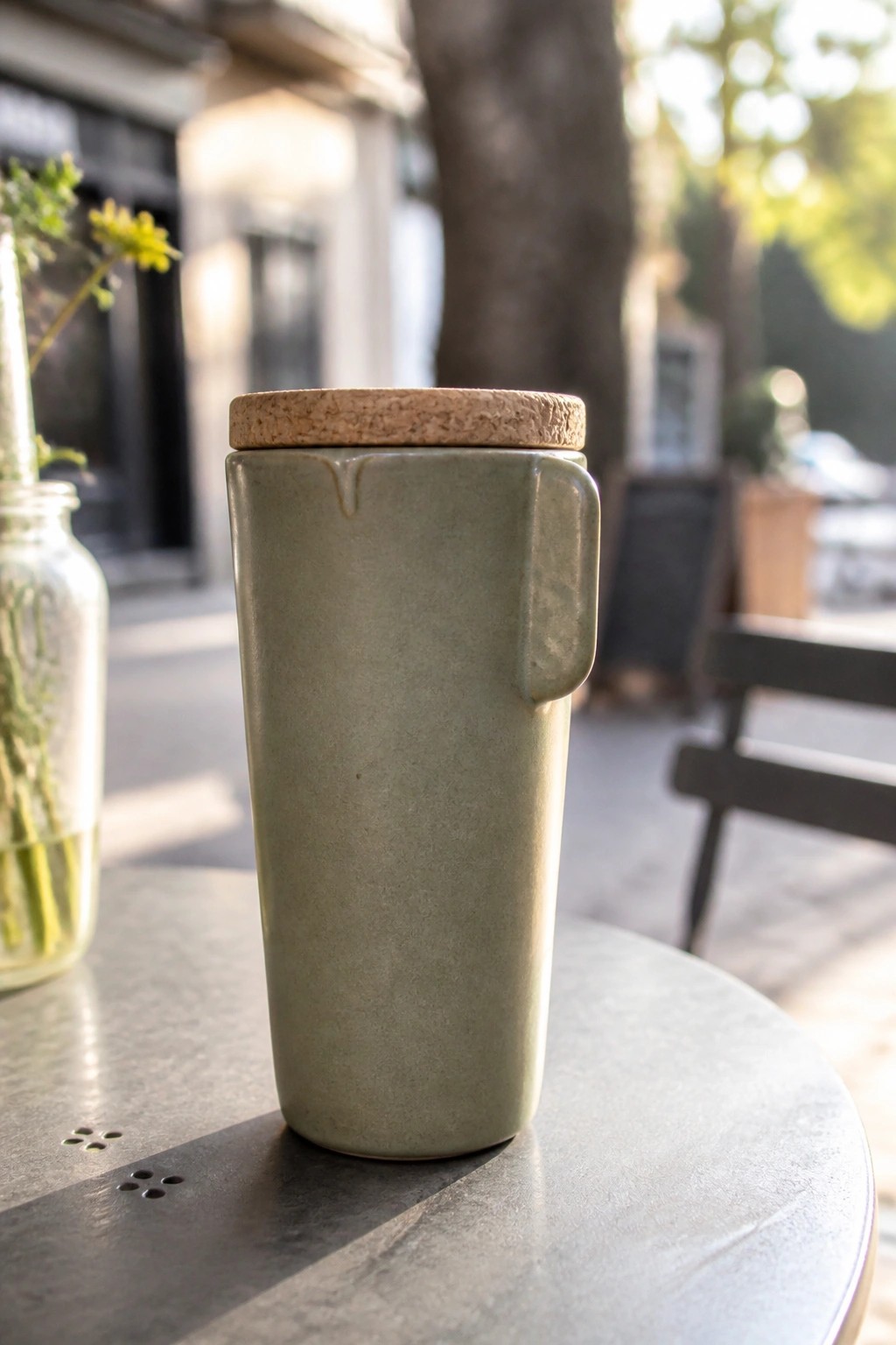 Green ceramic mug with cork lid on sunny outdoor metal table.