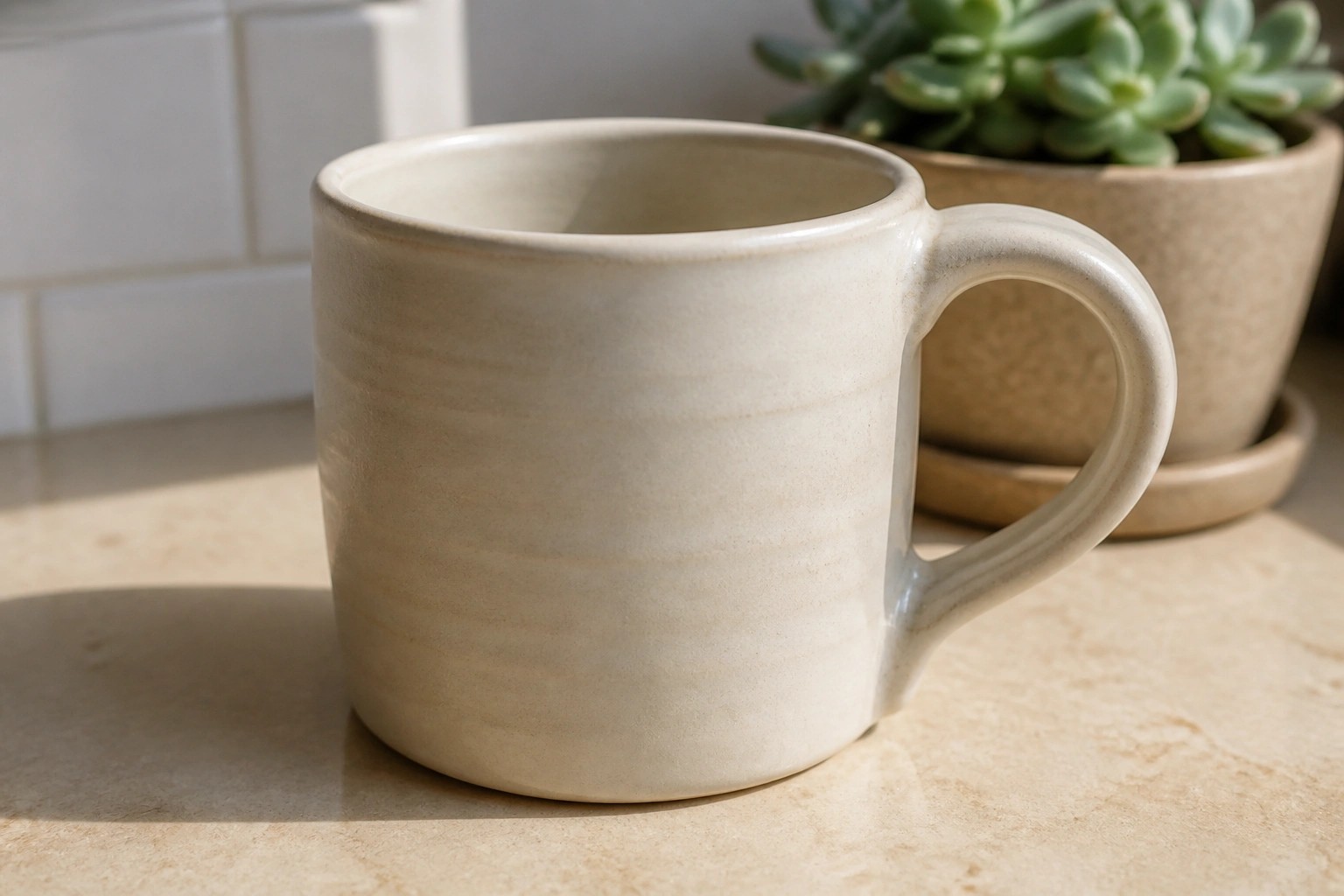 Cream-colored ceramic mug on marble counter with potted plant in background.