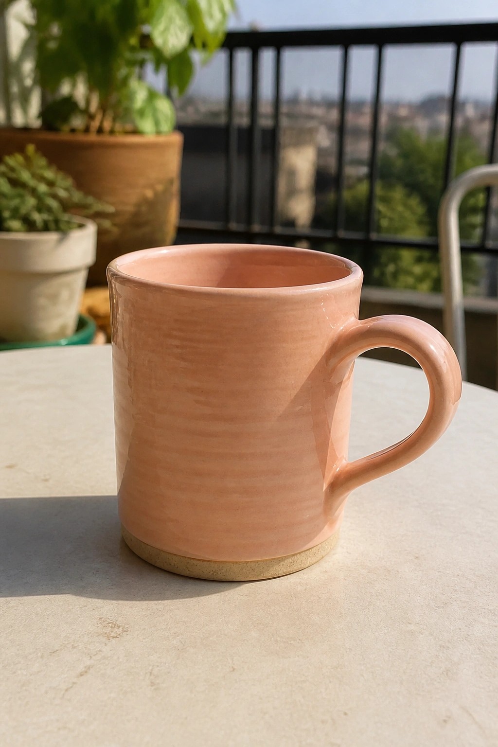 Peach ceramic mug on white table with potted plants on sunny balcony