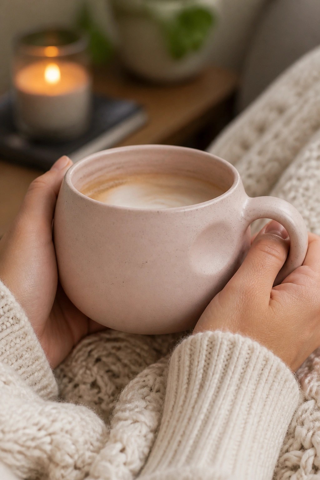 Hands in white knit sweater holding pink ceramic mug of coffee